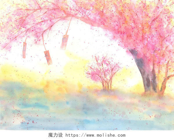 手绘水彩樱花树素材